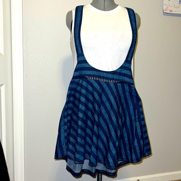SALE High Waist Suspender Skirt Women Size XXS (155/62A) Striped Blue Denim - Picture 1 of 16
